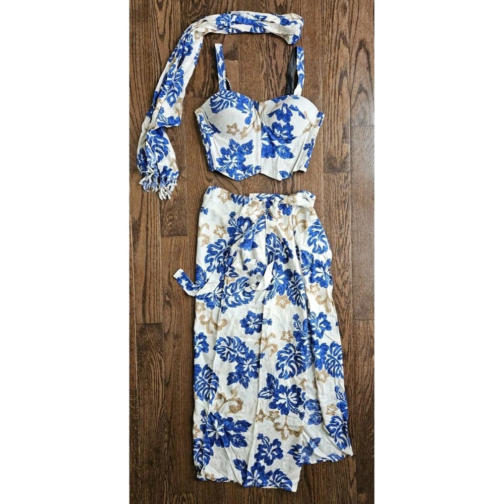 Blue Floral Crop Top & Maxi Skirt Set - Women's Two-Piece